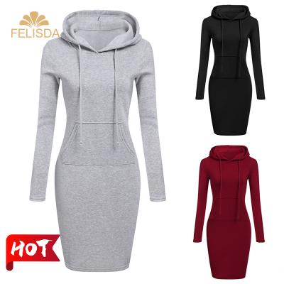 China Custom Logo Women Long Sleeve Hood Anti-Static Dress Winter Autumn Thermal Casual Hoodie Dress Solid Color Pockets Sweatshirts Along for sale