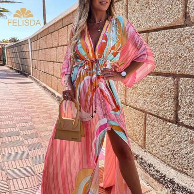 China Autumn Anti-Static Clothing 3xl Plus Size Women Print Dress The Slit Luxury Elegant Elastic Casual Ladies Long Edge Maxi Dress Boho Button Party for sale