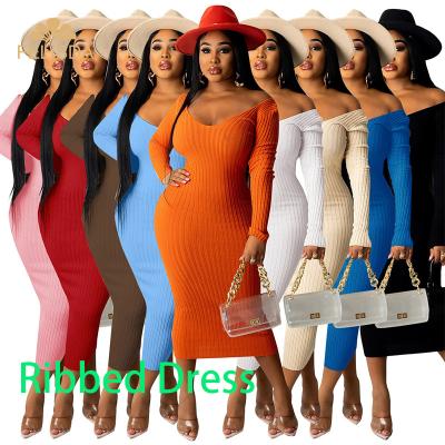 China Anti-Static Brand Long Sleeve V-Neck Bodycon Ribbed Knit Female Casual Dresses Autumn Winter Fashion Solid Slim Midi Dress Women Clothing for sale