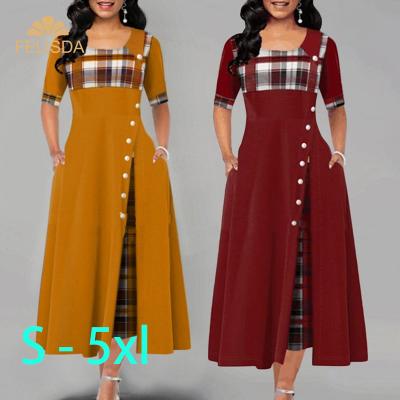 China Long Swing Maxi Casual Dresses 2021 Vintage Ladies Print Plaid Dress Women Half Sleeve Button Pocket Anti-Static Elegant Party for sale