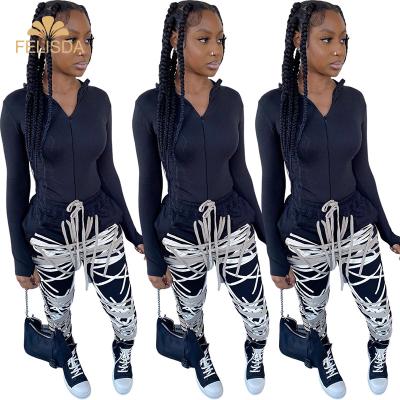 China Anti-wrinkle fashion street hippie women Sweatsuit print 2 piece pants set Streetwear full long sleeve + lace up panty two piece set for sale