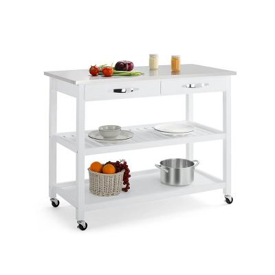 China MDF Wooden Kitchen Cart With Wheels And Mobile Kitchen Food Carts With Stainless Steel for sale