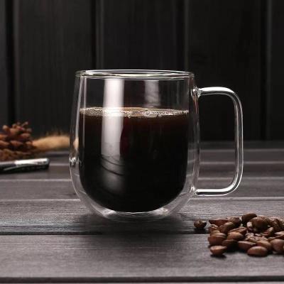 China 250ml 350ml Double Wall Borosilicate Glass Coffee Milk Viable Hot Cold Insulated Clear Mug With Handle And Lid for sale