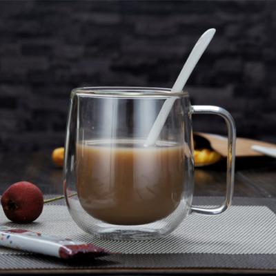 China 250ml 350ml Double Wall Glass Milk Coffee Mugs And Cups Double Wall Sleek Thick Clear Drinking Handmade Blown Tumbler With Handle for sale