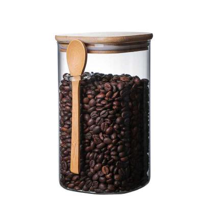 China Customized Viable Glass Coffee Bean Canister Jar Set Logo Square Shape High Borosilicate Spice with Bamboo Lid and Spoon for sale