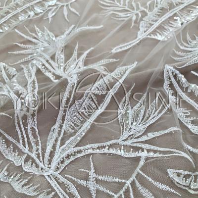 China Viable Bird Of Paradise Flower Sequins Beaded Embroidered Lace Fabric L00768AN for sale