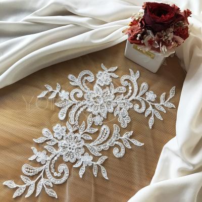 China Sustainable Ivory Wedding Lace Embroidery Beaded Applique Pattern F20028MN for sale