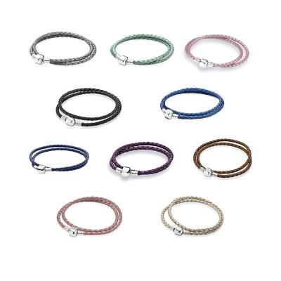 China FASHIONABLE leather wholesale classic round buckle factory rope bracelet S925 sterling silver diy logo double bangle bracelet for sale