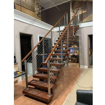 China Modern decorative double stringer straight stairs with balustrade and cable oak treads for sale