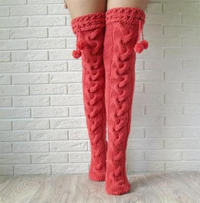 China 2021 Wool/Acrylic Women Winter Hairball Thick Knitted Twisted Thigh Long High Over The Knee Socks for sale