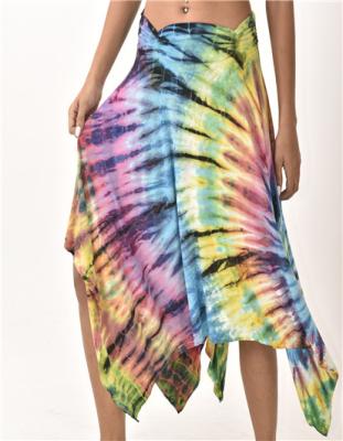 China Women's Rayon Rainbow Tie Dye Hand Painted Edge Elastic Breathable Handkerchief Fairy Skirt for sale