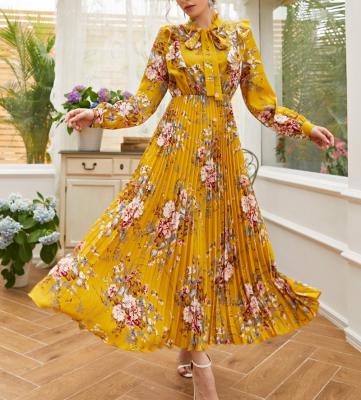 China Women's Breathable Polyester Chiffon Tie Neck All Over Floral Print Pleated A-Line Dress for sale