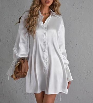 China Cotton Breathable Satin Women's Ruffle Sleeve Knot Cuff Solid Shirt Dress for sale