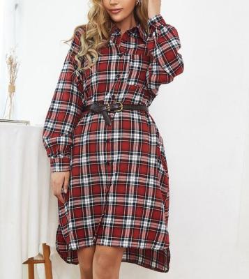 China Women's Breathable Cotton Tartan Flannel Raglan Sleeve Edge High Low Shirt Dress Without Belt for sale