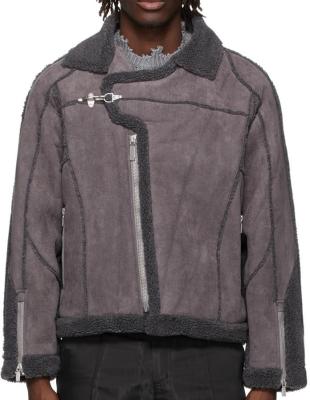 China Windproof faux-shearling suede long sleeve paneled leather jacket for men in gray for sale