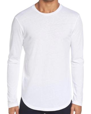 China Anti-Wrinkle Men's Cotton Long Sleeve Crew Neck Basic White Scallop Curved Edge T-Shirt for sale