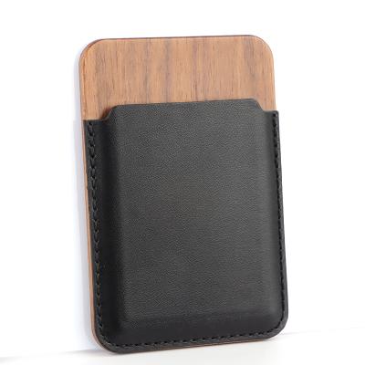 China New Fashion Slim Minimalist Custom Phone Wooden PU Leather Credit Card Holder with Magnet Wallet Case with magsafe for Iphone 13 12 11 for sale