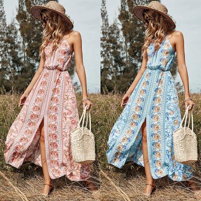 China Anti-Static Halter Backless V-Neck Ladies Dress Beach Boho Slip Floor Length Bohemian Floral Printing Casual Sun Dresses For Women for sale