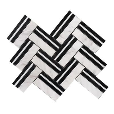 China Natural Stone Herringbone Tiles Mixed Black Carrara White Marble Natural Stone Polished Wall Tile Mosaics for sale