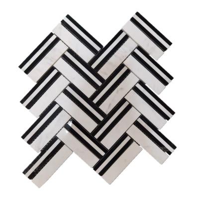 China Natural Stone Herringbone Floor Mixed Black Carrara White Marble Natural Stone Polished Wall Tile Mosaics for sale