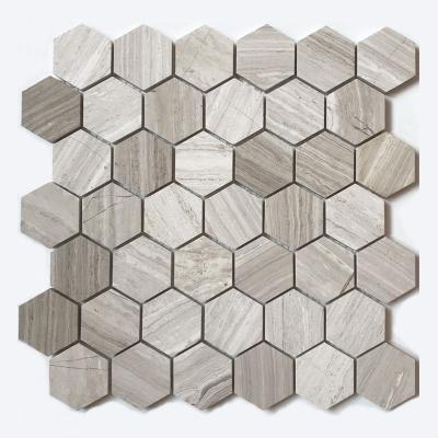 China Natural Stone Tile Backsplash Wood Gray Marble Hexagon Natural Stone Polished Wall Tile Mosaics for sale