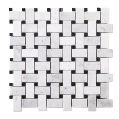 China Natural Stone Bathroom Tile Basketweave Pattern Mixed Bianco Carrara White Marble Natural Stone Polished Wall Tile Mosaics for sale