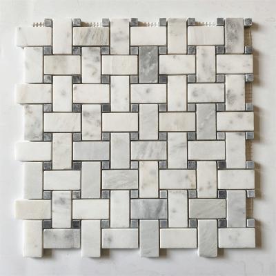 China Natural Stone Interior Wall Tiles Basketweave Pattern Mixed Bianco Carrara White Marble Natural Stone Polished Wall Tile Mosaics for sale