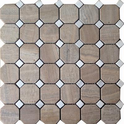 China Natural Stone Marble Mosaic Floor Tiles Octagon Pattern Mixed Wooden Yellow and Ariston Marble Natural Stone Polished Wall Tile Mosaics for sale