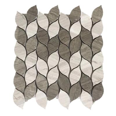 China Natural Stone Leaf Mosaic Mixed Wood Gray Marble Backsplash Natural Stone Polished Wall Tile Mosaics for sale