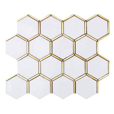 China Natural Stone with metal inlay Mixed Marble Tiles With Golden Brass Metal Hexagon Pattern Natural Stone Polished Wall Tile Mosaics for sale