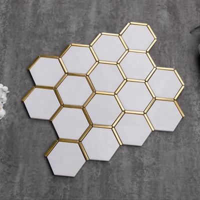 China Natural Stone with metal inlay Tile Bathroom Mixed Marble With Golden Brass Metal Hexagon Pattern Natural Stone Polished Wall Tile Mosaics for sale