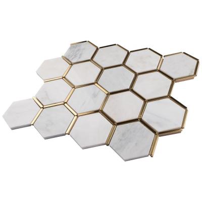 China Natural Stone with metal inlay Floor And Wall Tiles Bathroom Mixed White Marble with Golden Brass Metal Hexagon Natural Stone Polished Wall Tile Mosaics for sale