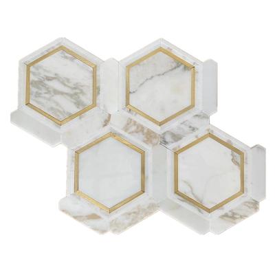 China Natural Stone with metal inlay Mosaic Marble Brass Mixed White Marble Inlay Golden Brass Metal Polished Wall Tile Mosaics for sale