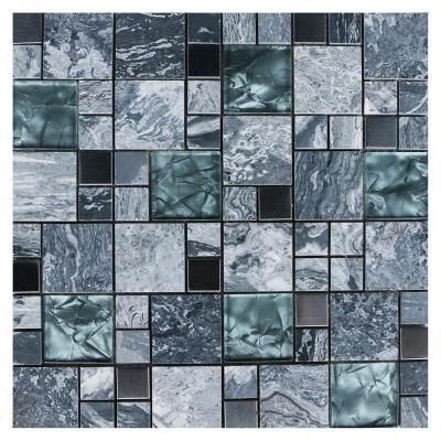 China Natural Stone+Glass Marble Glass Tiles Mixed Gray Marble Metal and Blue Ice Crack Glass Mosaic Tile Strip Shape Backsplash Wall Tile Mosaics for sale