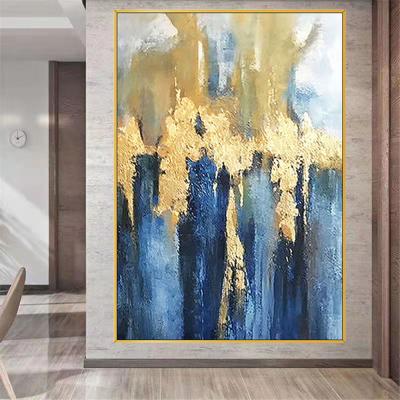 China 100% Hand Painted Waterproof Porch Wall Art Abstract Blue Gold Cloud Landscape Oil Painting Handmade Painting for sale