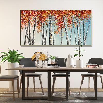 China Abstract 100% Hand Painted Waterproof Autumn Landscape Red Tree Canvas Wall Art Oil Painting Retro Oil Painting for sale