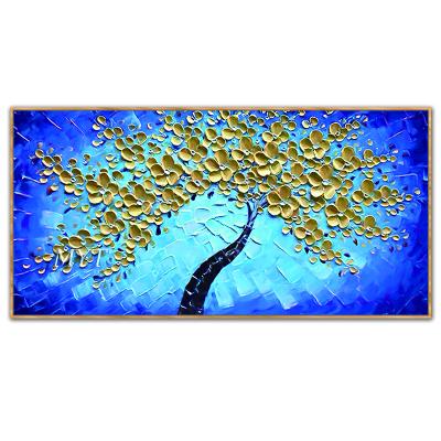 China Hand Painted Blue Flower Tree Oil Painting For Living Room Waterproof On Gold Canvas Palette Oil Knife Handmade Painting for sale