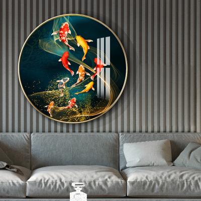 China Waterproof 9 koi fish crystal wall sofa living room porcelain round crystal wall art painting for sale