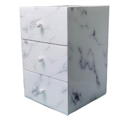 China Luxury Modern White Marble Glass Furniture Mdf+glass 50pcs Professional Asembly Bedroom Furniture 3 Drawer Bedside Table Nightstand Home for sale