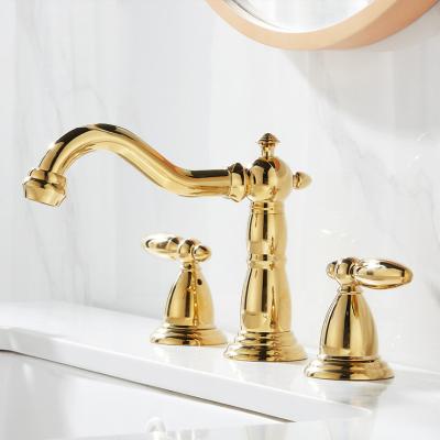 China Gold 3 Hole Modern Basin Vanity Sink Faucet Single Handle Bathroom Mixer Deck Mounted Hot And Cold Water Sink Faucet for sale