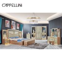 China Luxury Gold Wood Double Leather King Size Bed Wooden Modern Home Full Bedroom Furniture Set for sale