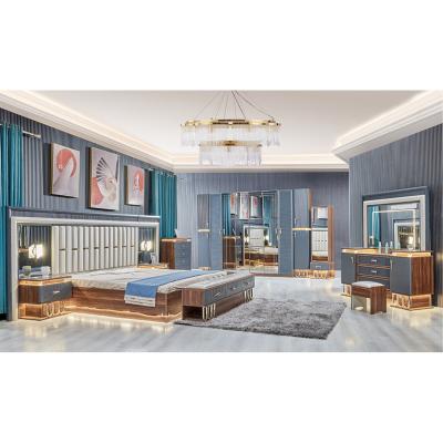 China Hoogwaardige moderne houten king size dubbelbed set lederen hoofdplank hout luxe huismeubelen slaapkamer sets Te koop