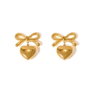 China Vintage 2024 Fashion Waterproof 18k Gold Plated Pvd Stainless Steel Smooth Heart Pendant Bow Stud Earring For Girl for sale