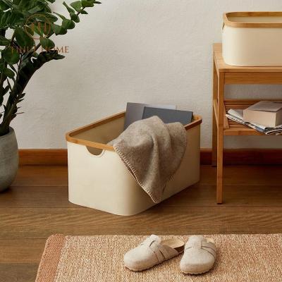 China Tihui Home Viable Fabric Storage Bins with Bamboo Handles Collapsible Storage Baskets for Shelves and Cabinet for sale