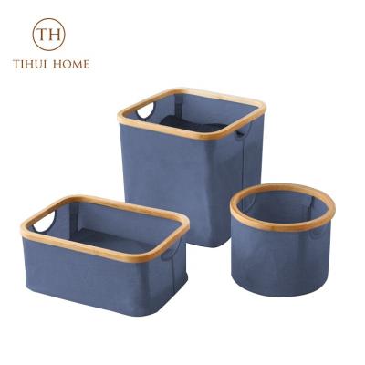 China Tihui Home Viable Fabric Storage Bins with Bamboo Handles Collapsible Storage Baskets for Shelves and Cabinet for sale