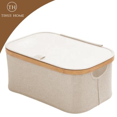 China Tihui Home Viable Fabric Storage Bins with Bamboo Handles Collapsible Storage Baskets for Shelves and Cabinet for sale