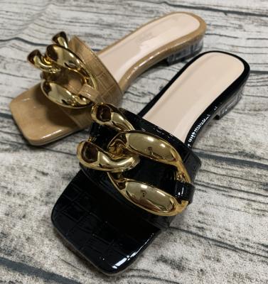 China Chic Square Toe Low Heel Shoes Ladies Golde Decoration New Deodorization Women Summer Fashion Slippers Plus Size Soft Slides Sandal for sale