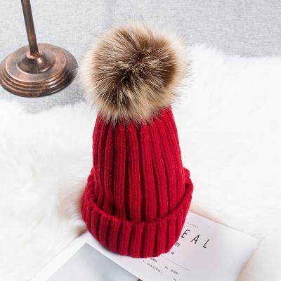 China Winter COMMON Adult Detachable Flip Colorful Pompom Fur Knitted Ribbed Beanie Hat For Ladies for sale