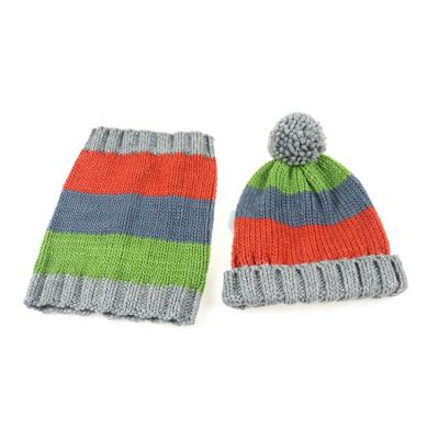 China Short Bright Color Stripe Chunky Knitted Snood Scarf And Horizontal Hat Set For Woman for sale