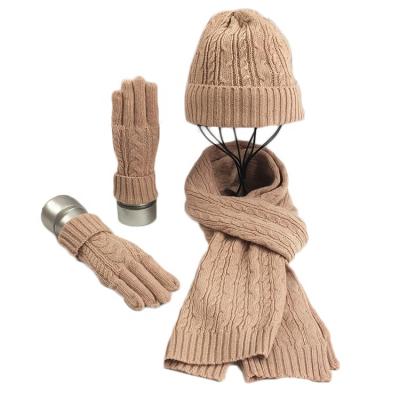 China Wholesale Acrylic Long Cable Knit Knit Scarf Beanie Hat And Gloves Set for sale